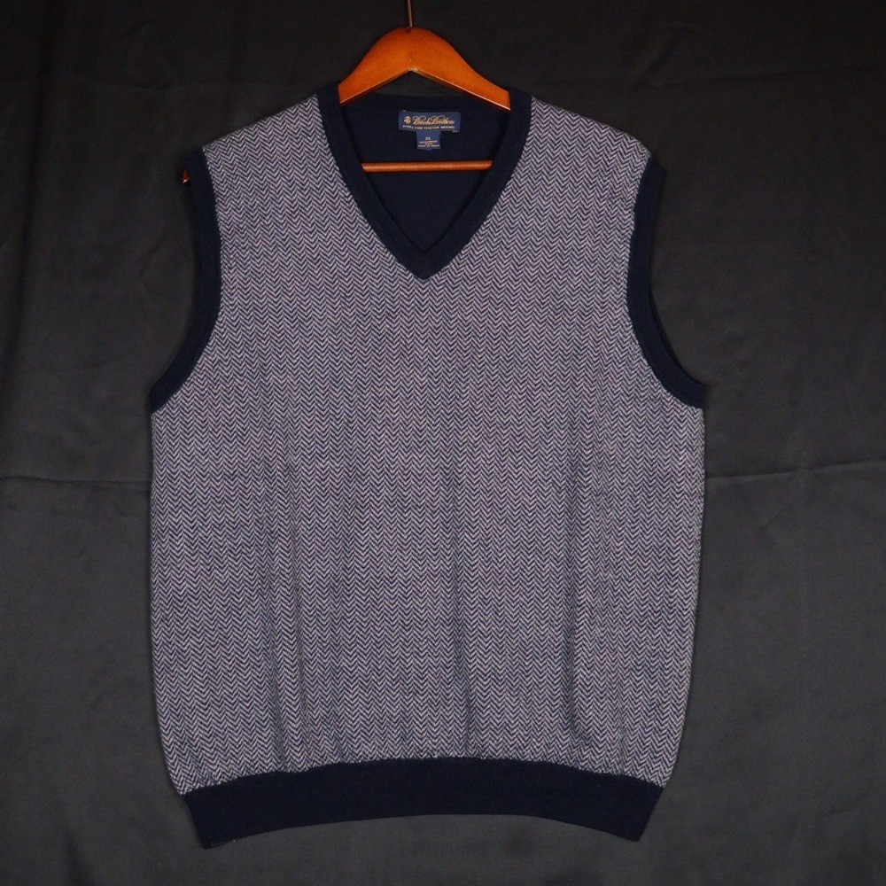Brooks Brothers Sweater Vest Mens XL Navy Blue Herringbone Italian Merino Wool